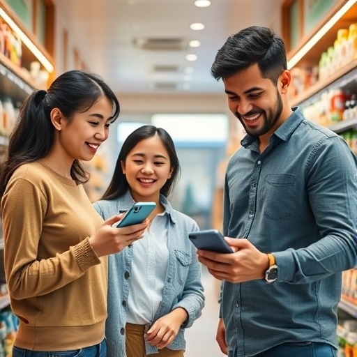 Família usando app MenuPass para compras no mercadinho do condomínio