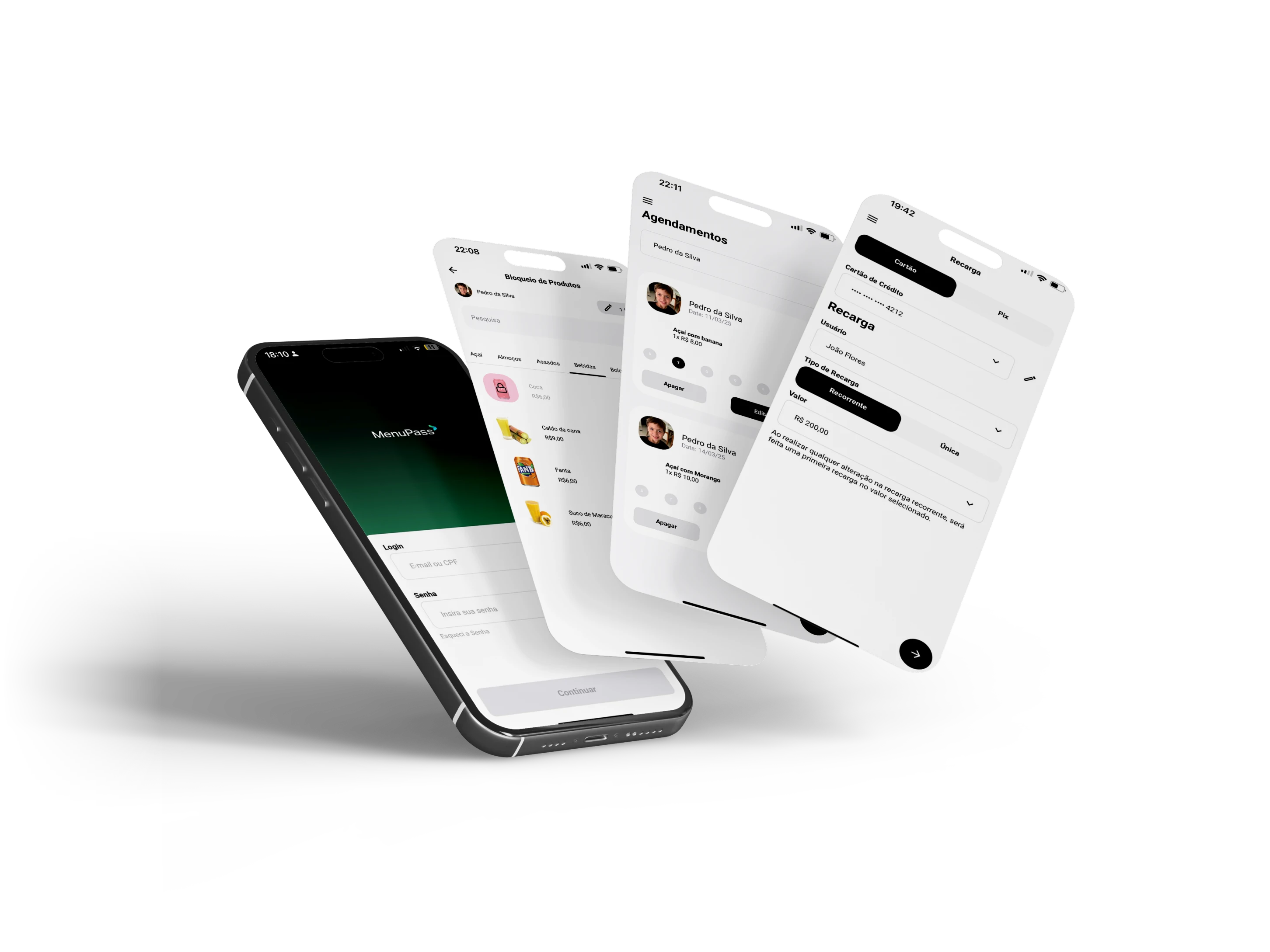 Interface do aplicativo MenuPass mostrando telas de compras e sistema de créditos